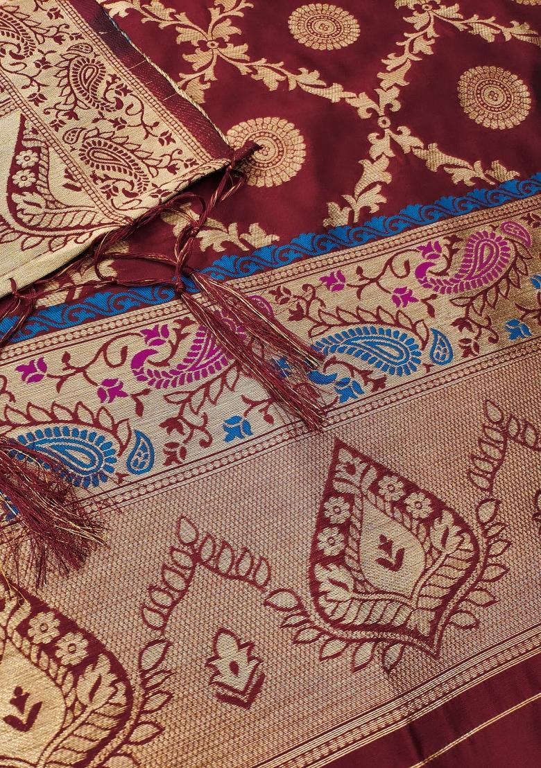 Maroon Motif Silk Kurta Set - Indya