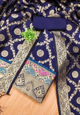 Navy Blue Motif Silk Kurta Set