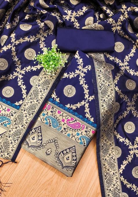 Navy Blue Motif Silk Kurta Set