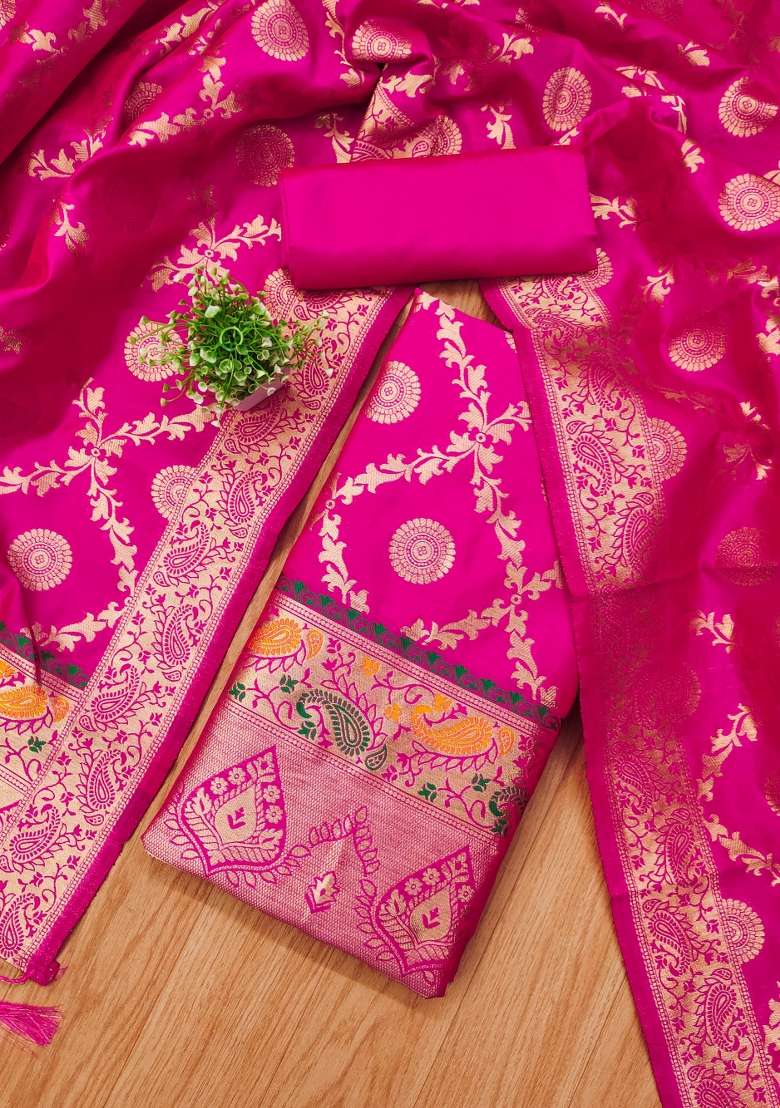 Pink Zari Work Silk Blend Straight Kurta Set - Indya