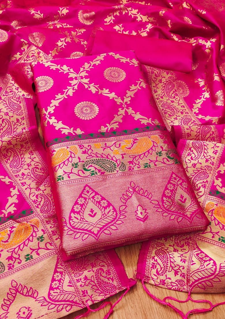 Pink Motif Silk Kurta Set - Indya