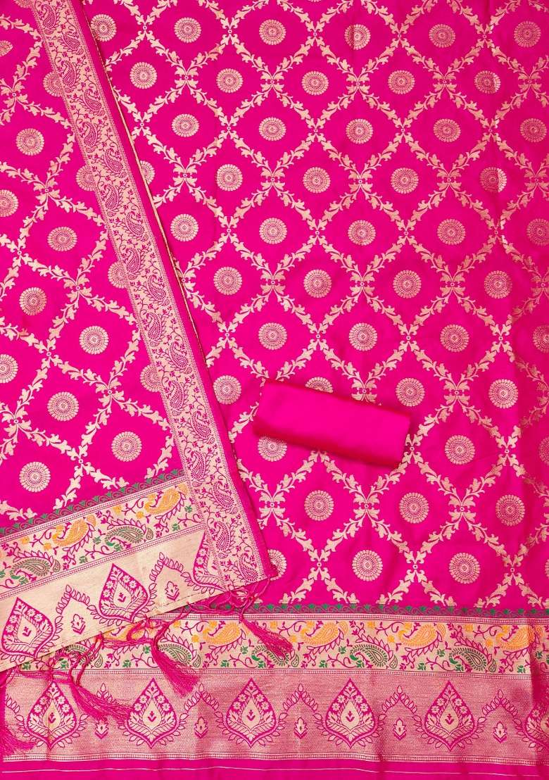 Pink Zari Work Silk Blend Straight Kurta Set - Indya