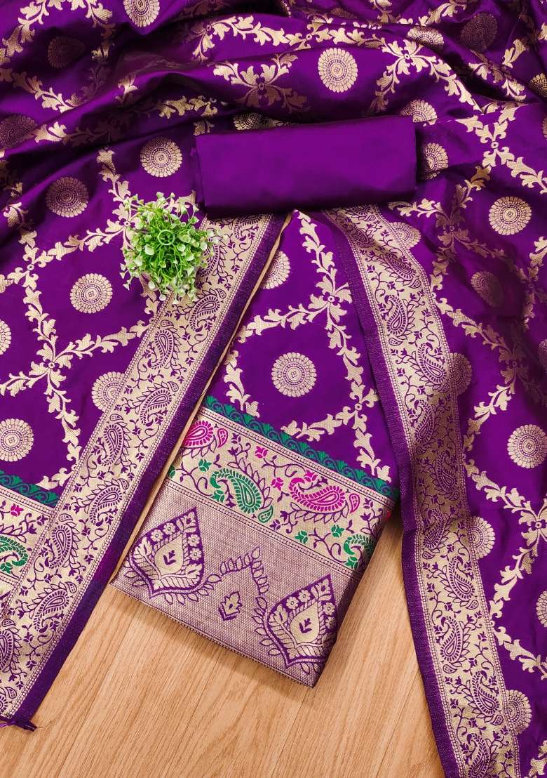 Purple Zari Work Silk Blend Straight Kurta Set - Indya