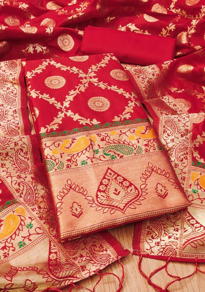 Red Motif Silk Kurta Set - Indya