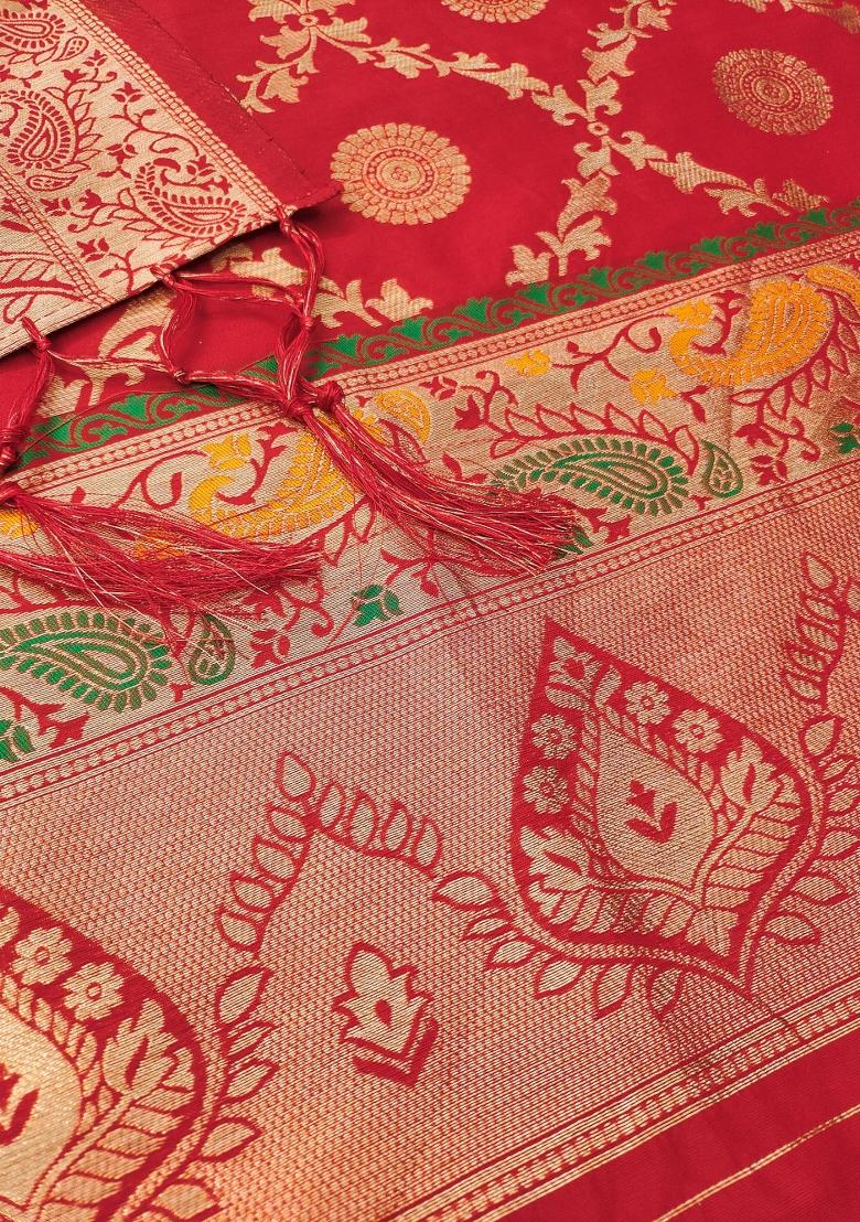 Red Motif Silk Kurta Set - Indya