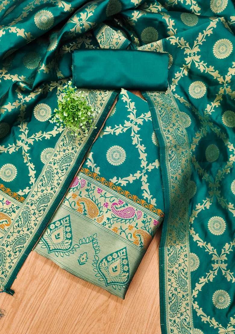 Teal Zari Work Silk Blend Straight Kurta Set - Indya
