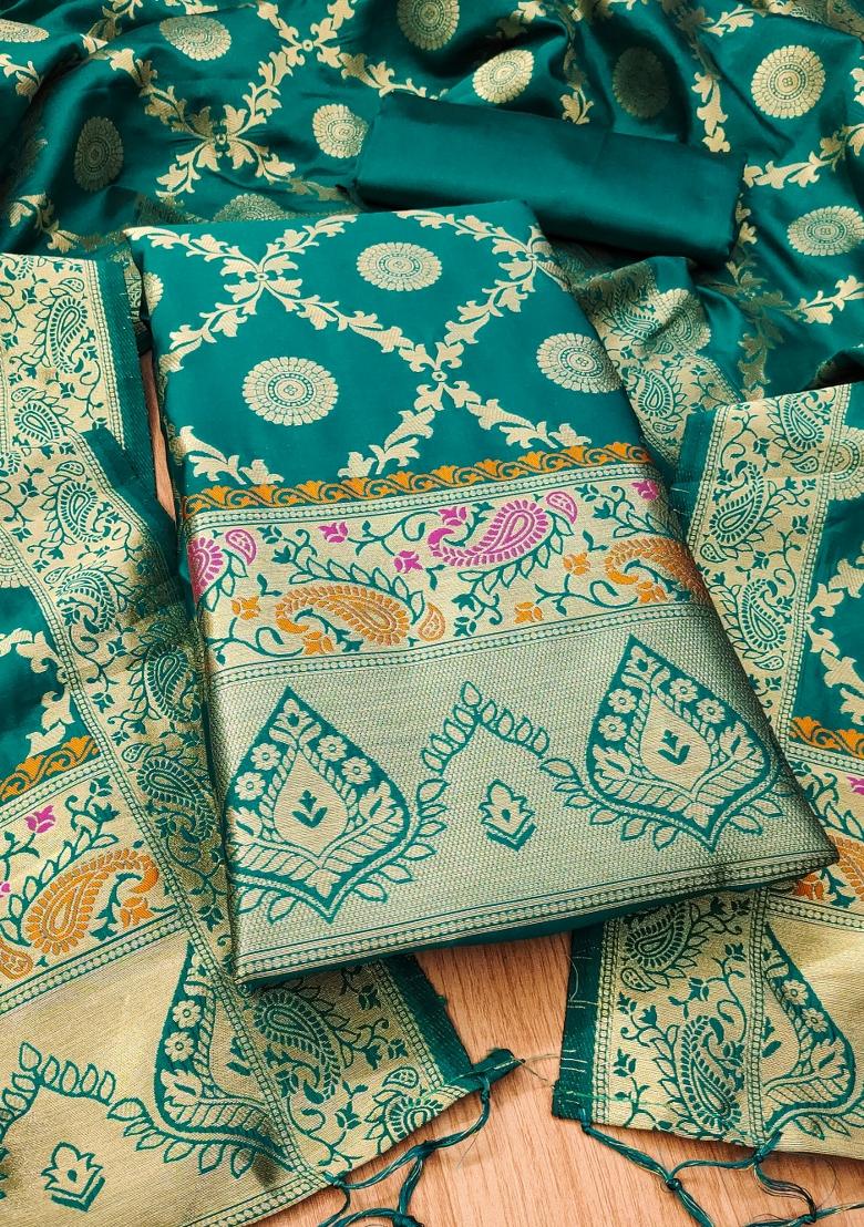 Teal Motif Silk Kurta Set - Indya