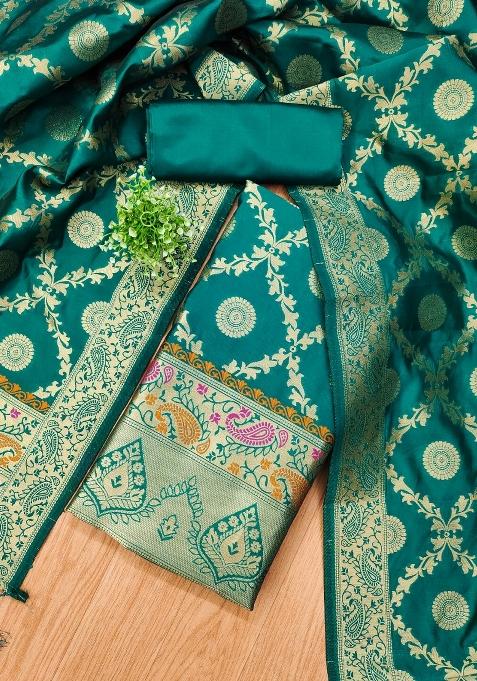 Teal Motif Silk Kurta Set