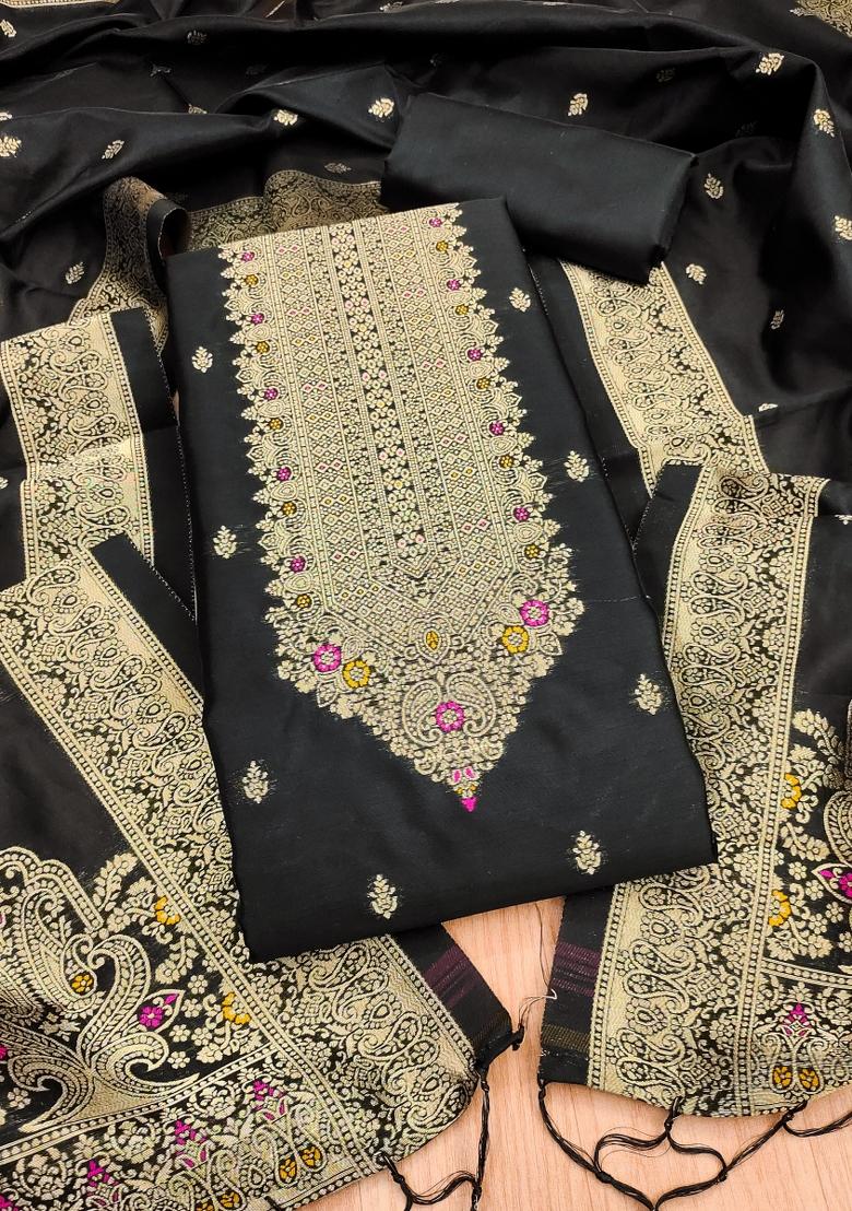 Black Motif Silk Kurta Set - Indya