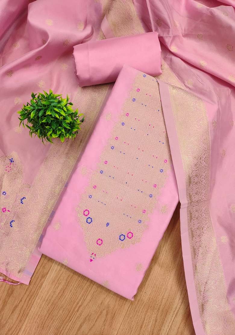 Baby Pink Embroidered Silk Blend Straight Kurta Set - Indya