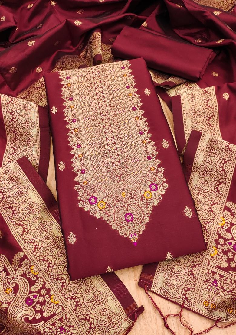 Maroon Motif Silk Kurta Set - Indya