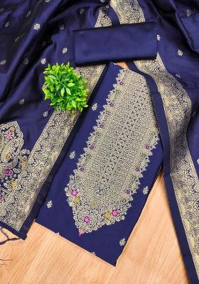 Navy Blue Motif Silk Kurta Set