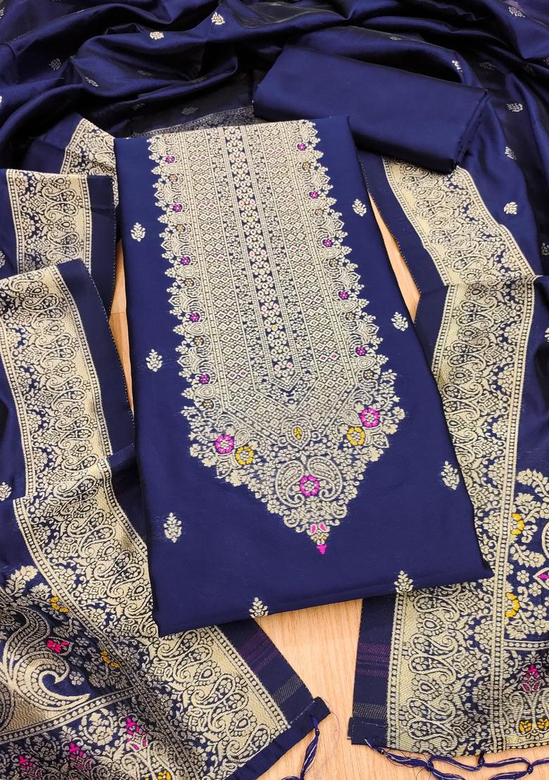 Navy Blue Motif Silk Kurta Set - Indya