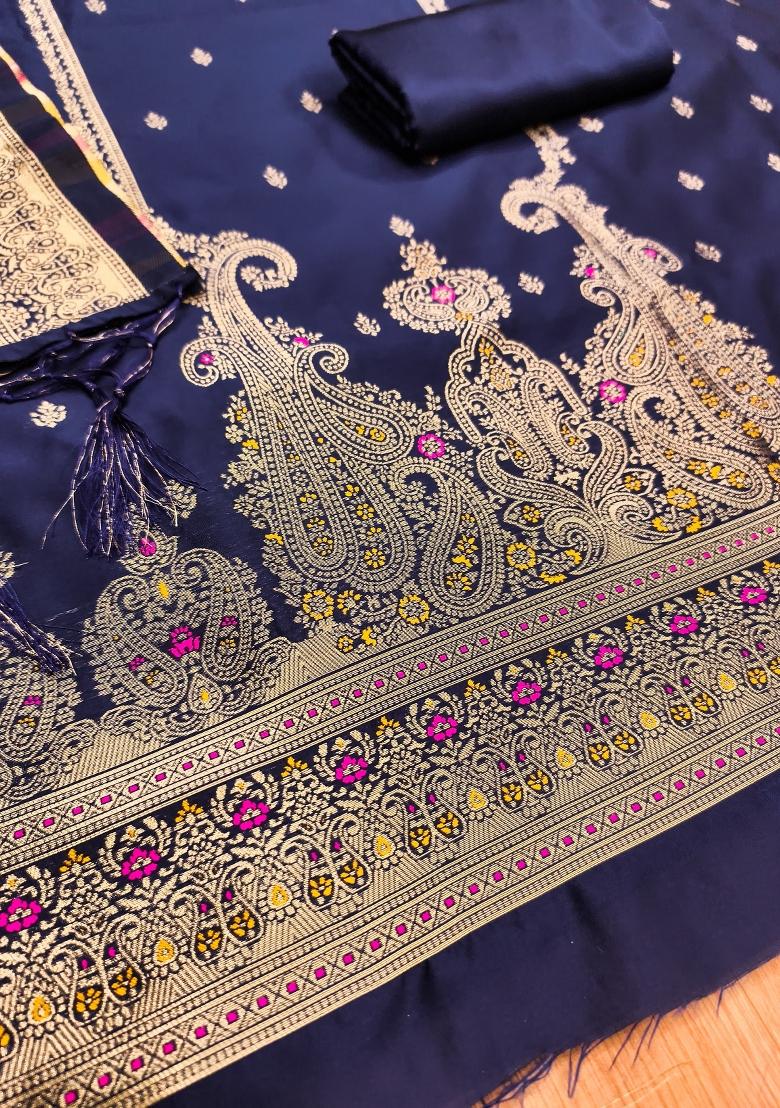 Navy Blue Motif Silk Kurta Set - Indya