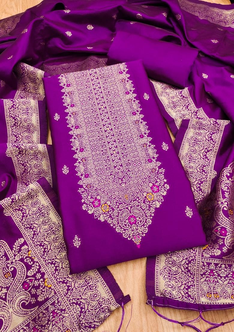 Purple Motif Silk Kurta Set - Indya