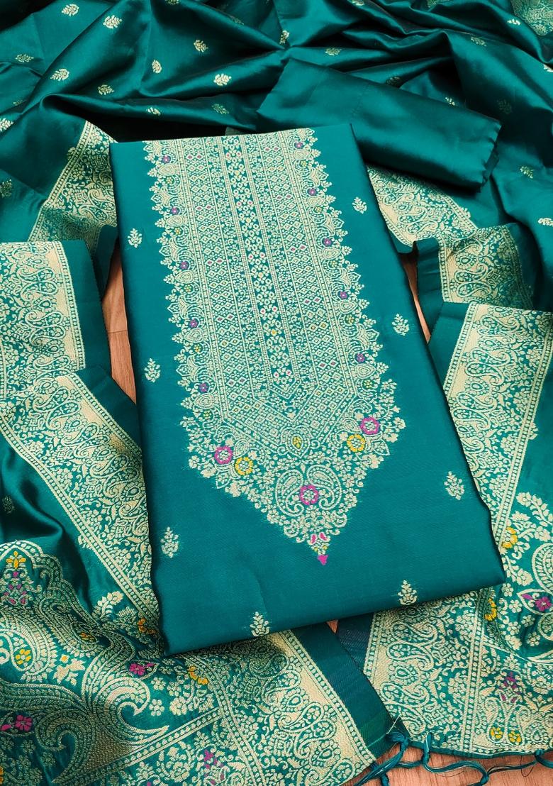 Rama Blue Motif Silk Kurta Set - Indya