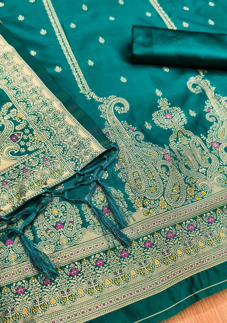 Rama Blue Motif Silk Kurta Set - Indya