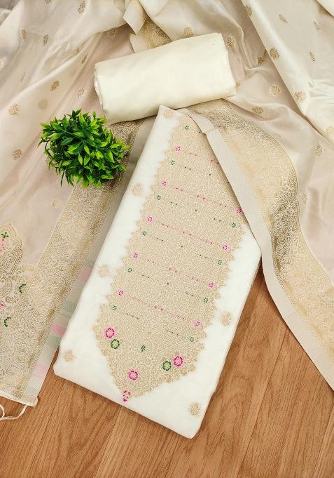 White Motif Silk Kurta Set