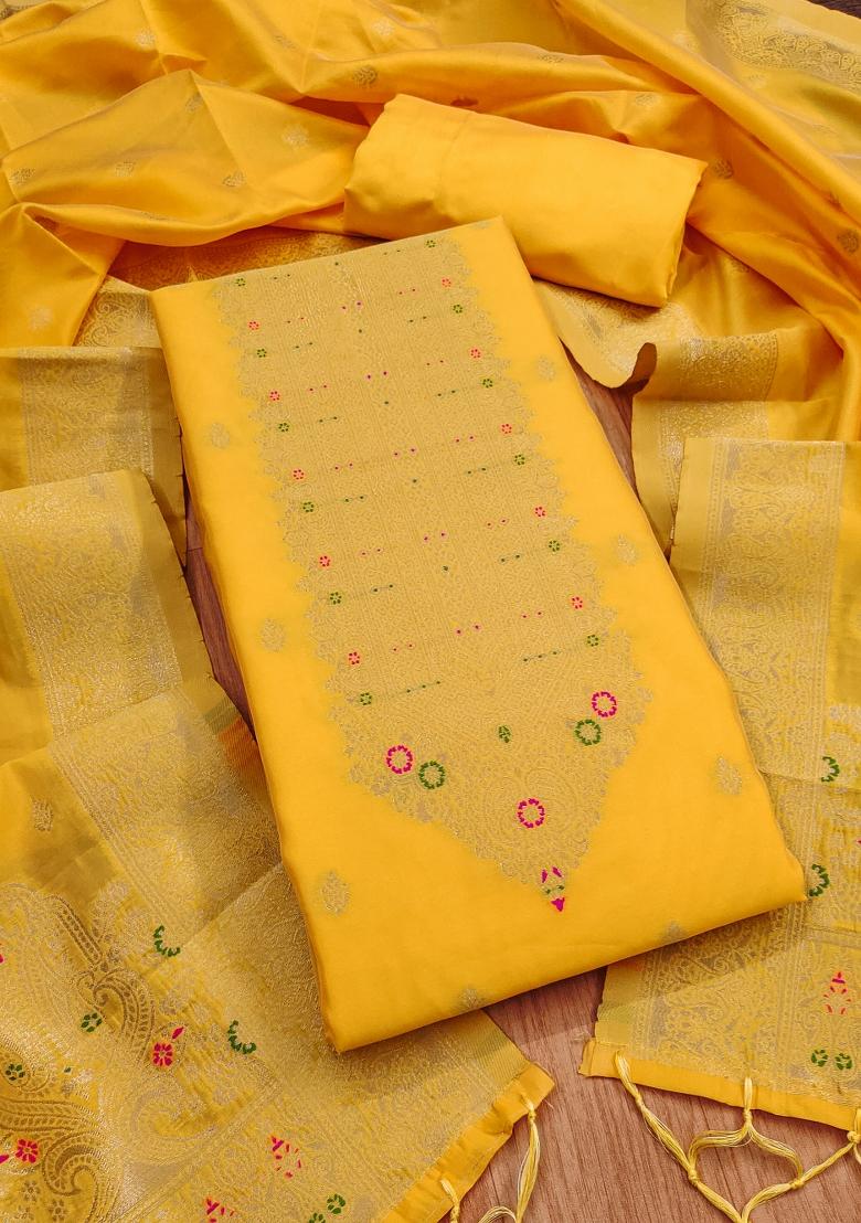 Yellow Motif Silk Kurta Set - Indya