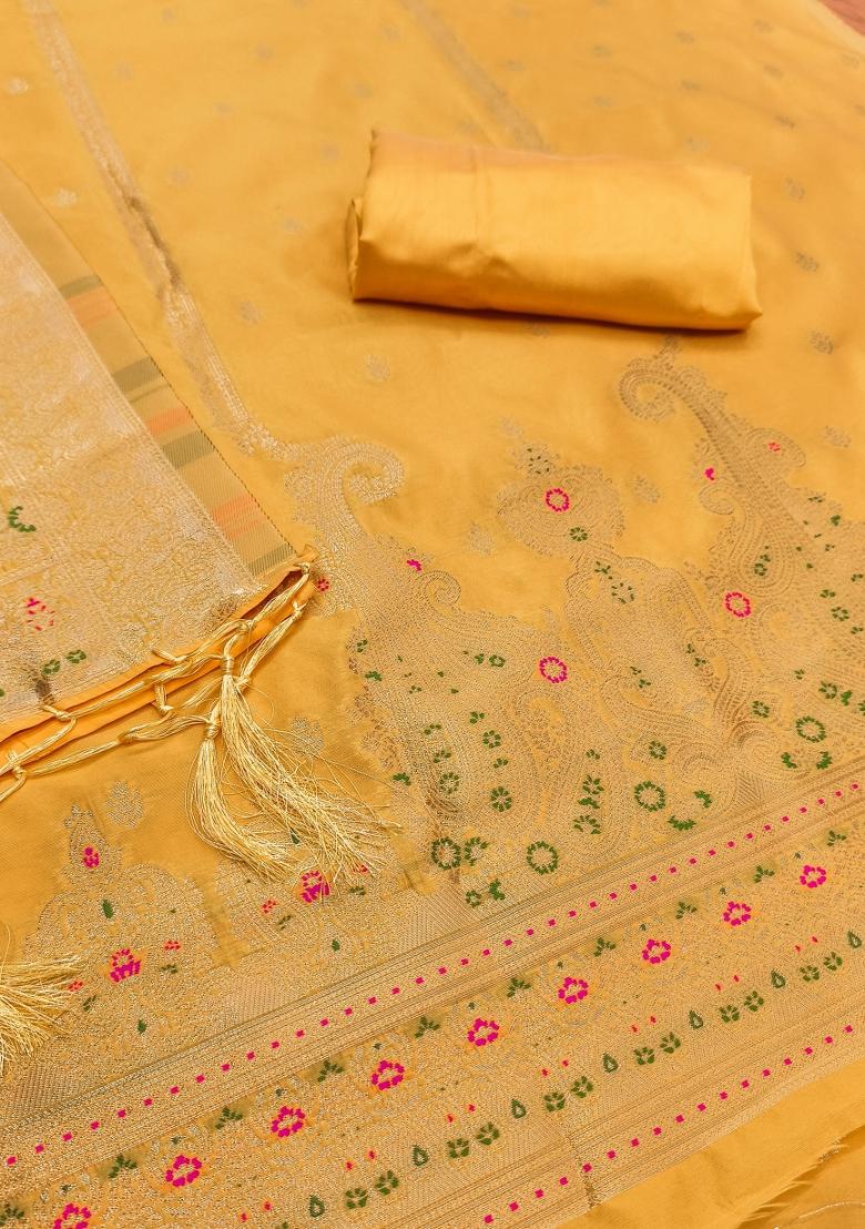 Yellow Motif Silk Kurta Set - Indya