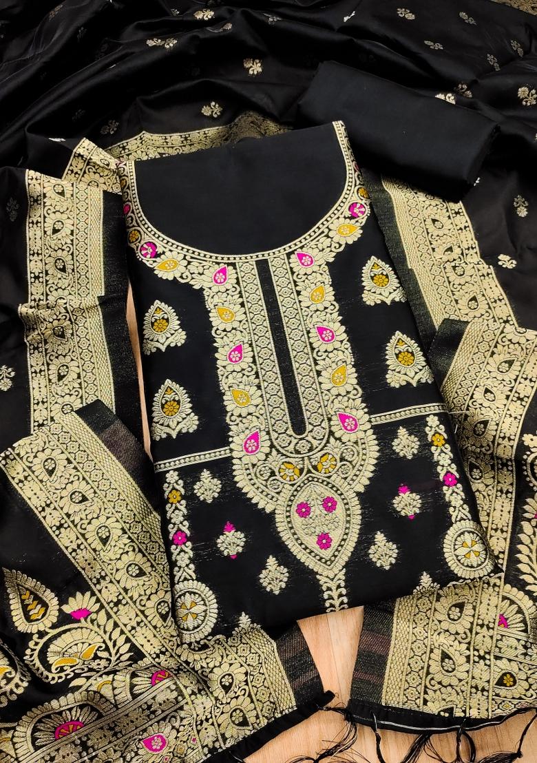 Black Motif Silk Kurta Set - Indya
