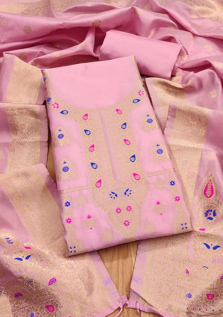 Baby Pink Jacquard Silk Blend Punjabi Suit - Indya