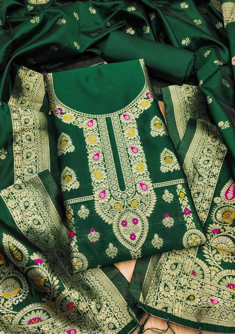 Green Motif Silk Kurta Set - Indya