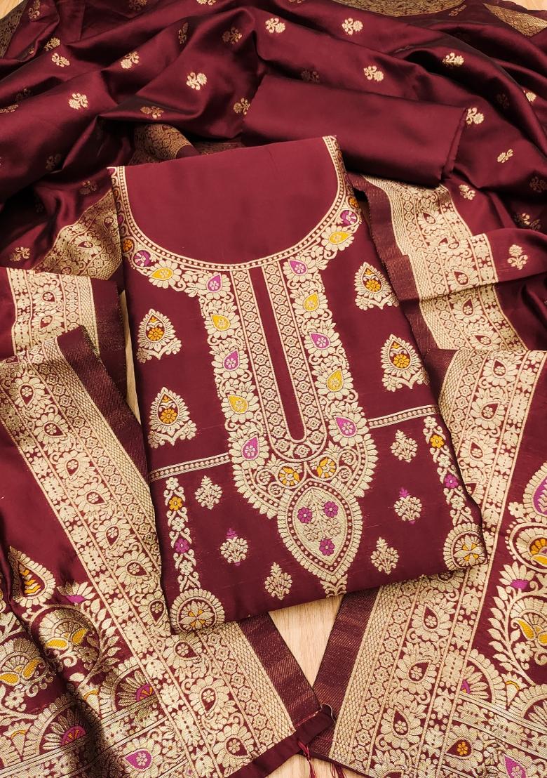Maroon Motif Silk Kurta Set - Indya