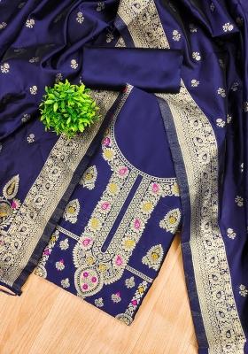 Navy Blue Motif Silk Kurta Set
