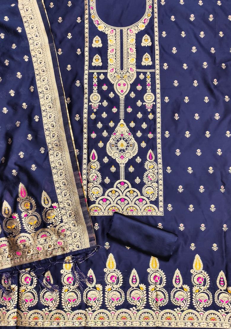 Navy Blue Motif Silk Kurta Set - Indya