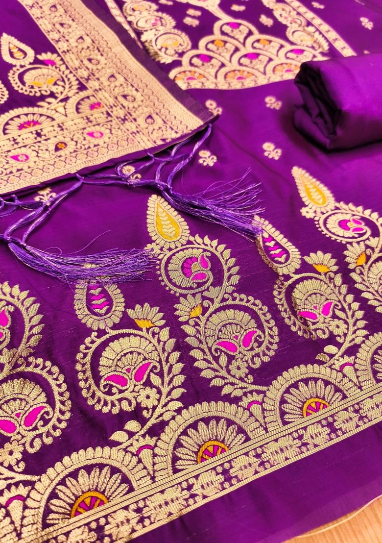 Purple Motif Silk Kurta Set - Indya