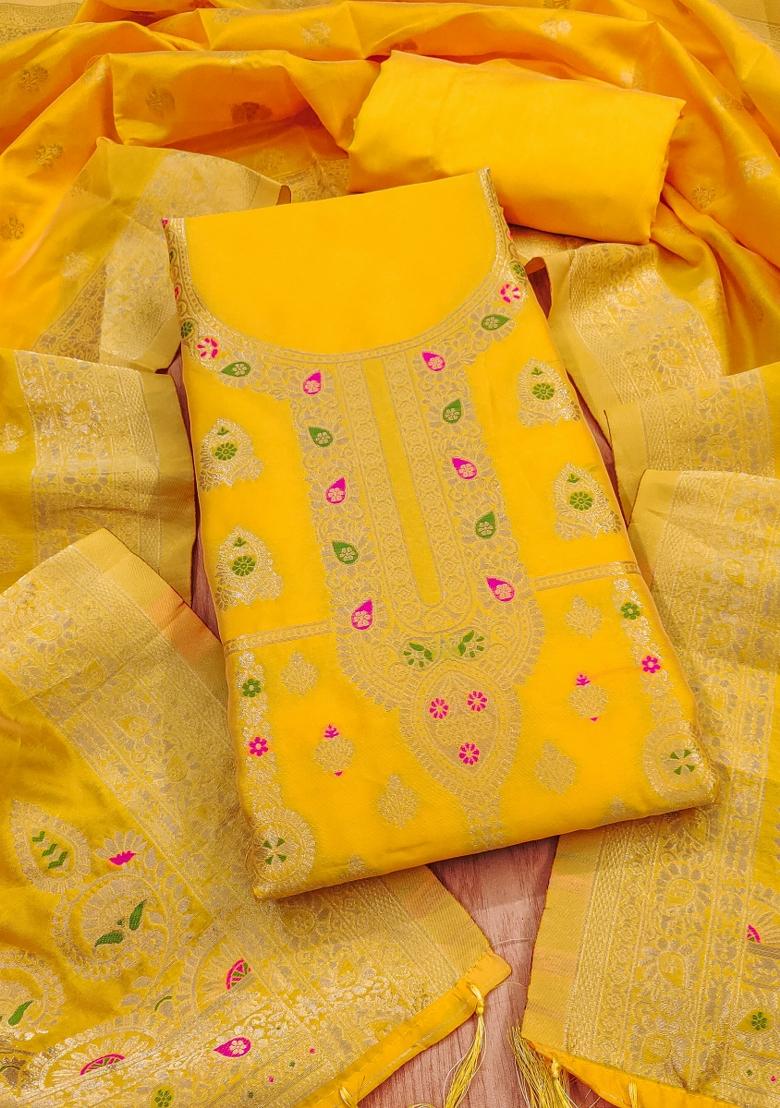 Yellow Motif Silk Kurta Set - Indya
