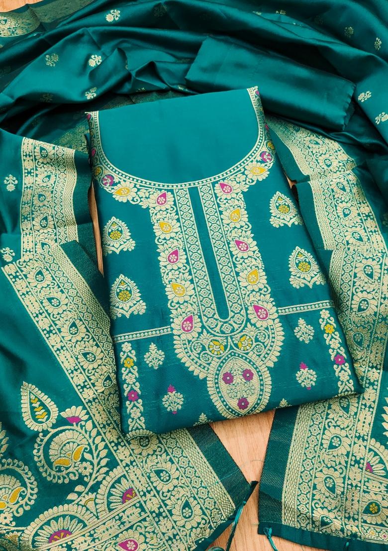 Rama Blue Motif Silk Kurta Set - Indya