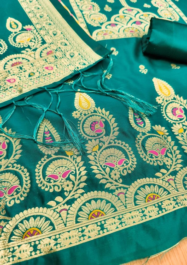 Rama Blue Motif Silk Kurta Set - Indya