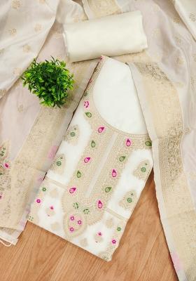 White Motif Silk Kurta Set