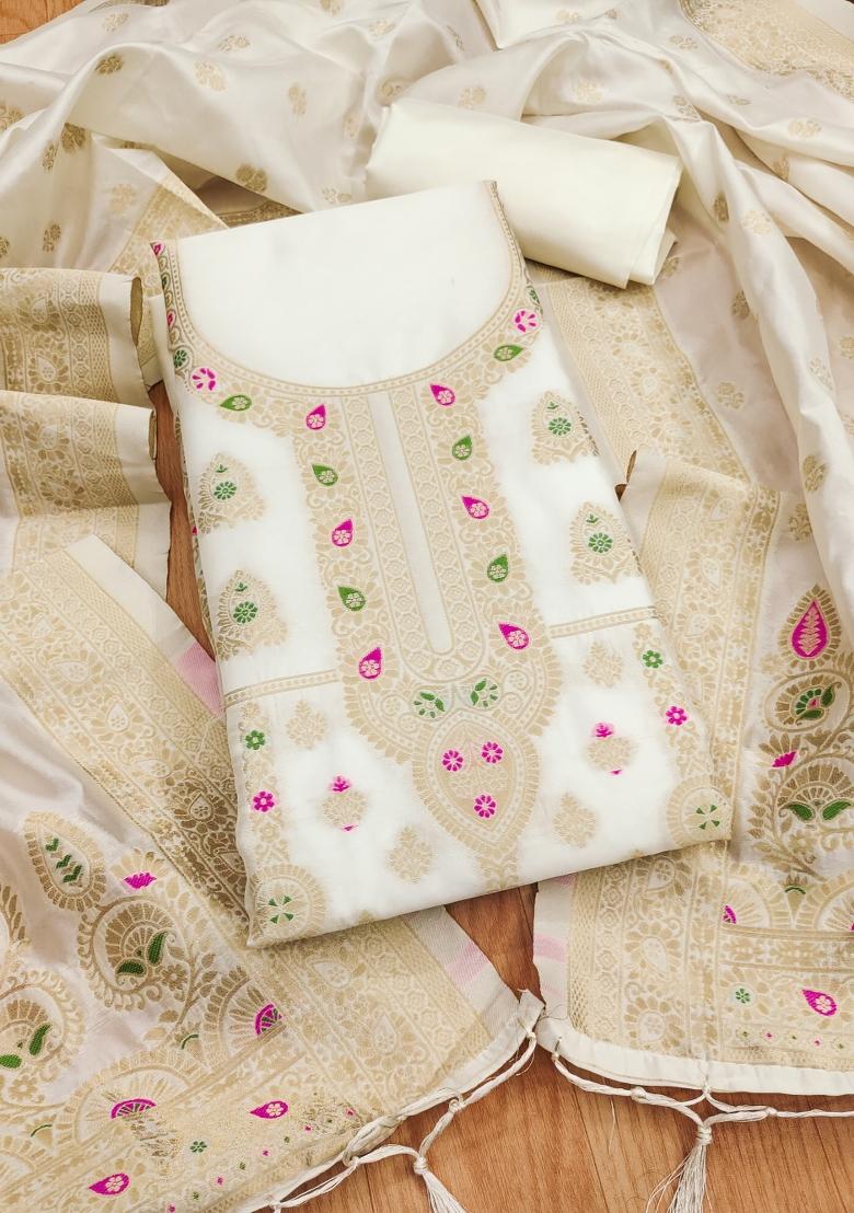 White Motif Silk Kurta Set - Indya