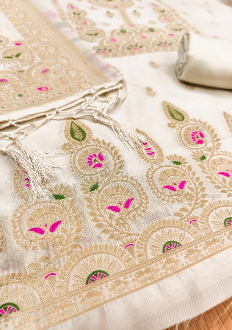 White Motif Silk Kurta Set - Indya