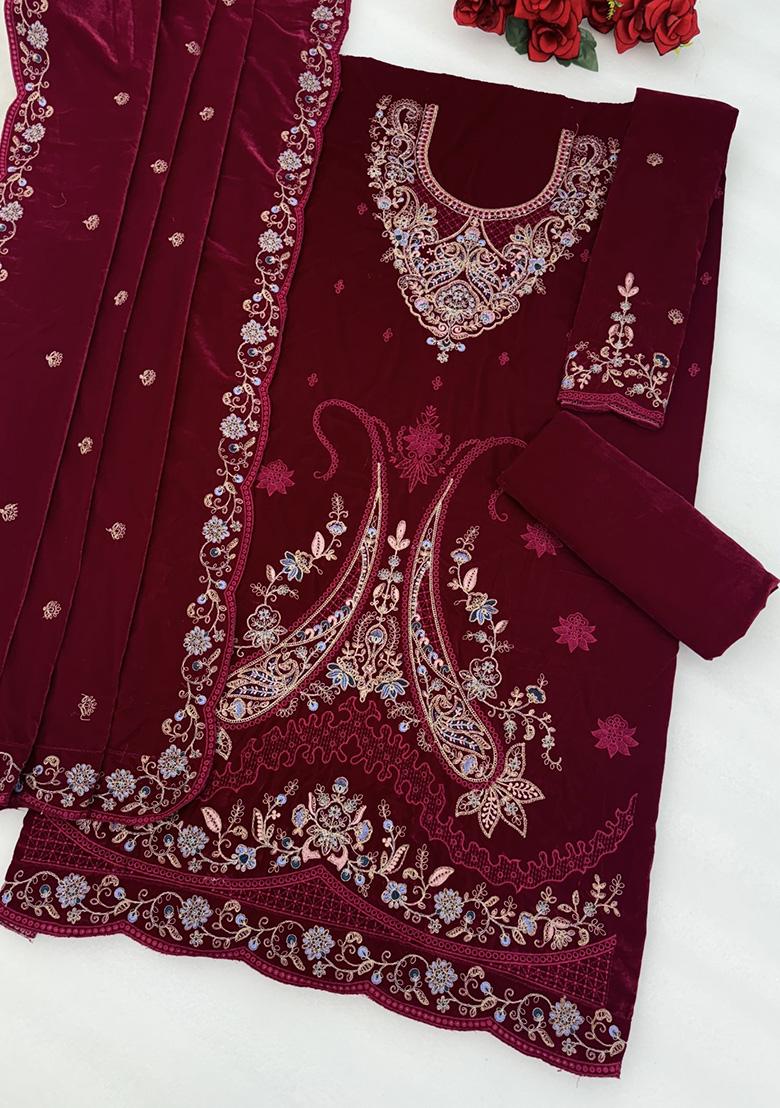 Red Embroidery Velvet Pakistani Salwar Kameez - Indya