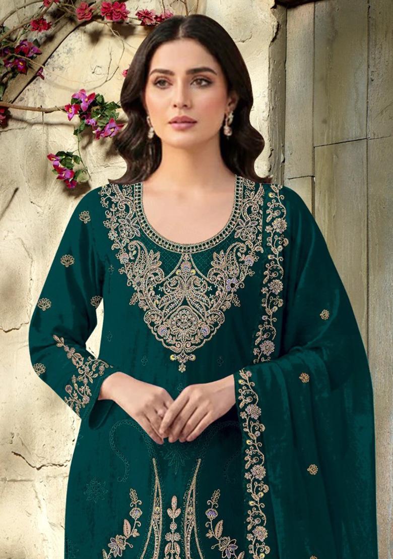 Dark Green Embroidery Velvet Pakistani Salwar Kameez - Indya