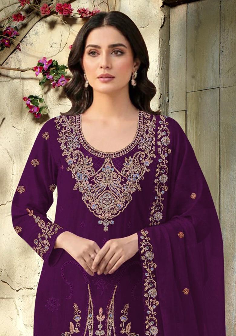 Maroon Embroidery Velvet Pakistani Salwar Kameez - Indya
