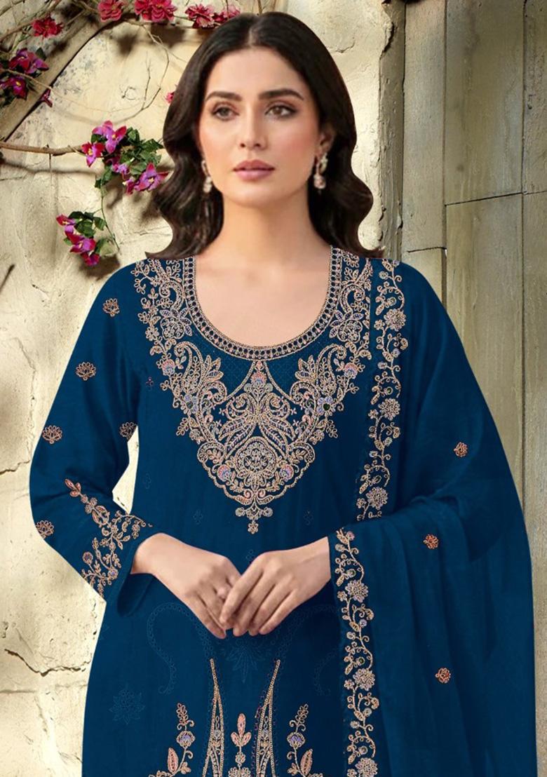 Teal Embroidery Velvet Pakistani Salwar Kameez - Indya
