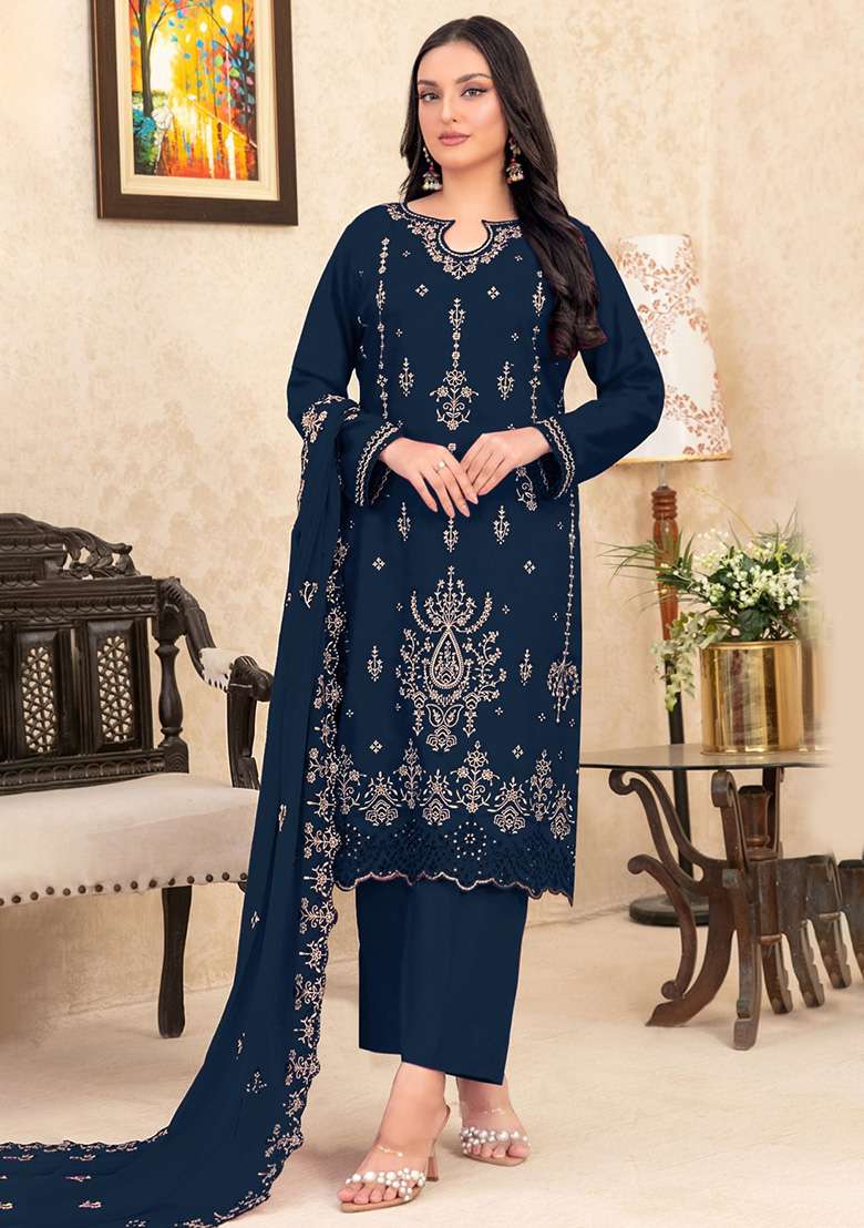 Navy Blue Embroidered Velvet Pakistani Suit Set - Indya