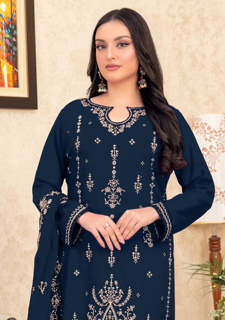 Navy Blue Embroidery Velvet Pakistani Salwar Kameez - Indya