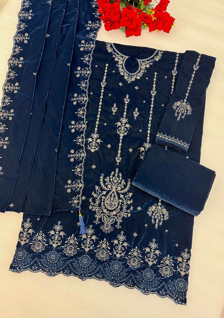 Navy Blue Embroidered Velvet Pakistani Suit Set - Indya