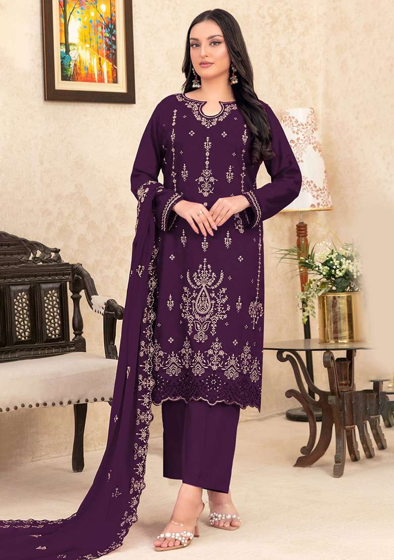 Purple Embroidered Velvet Pakistani Suit Set - Indya
