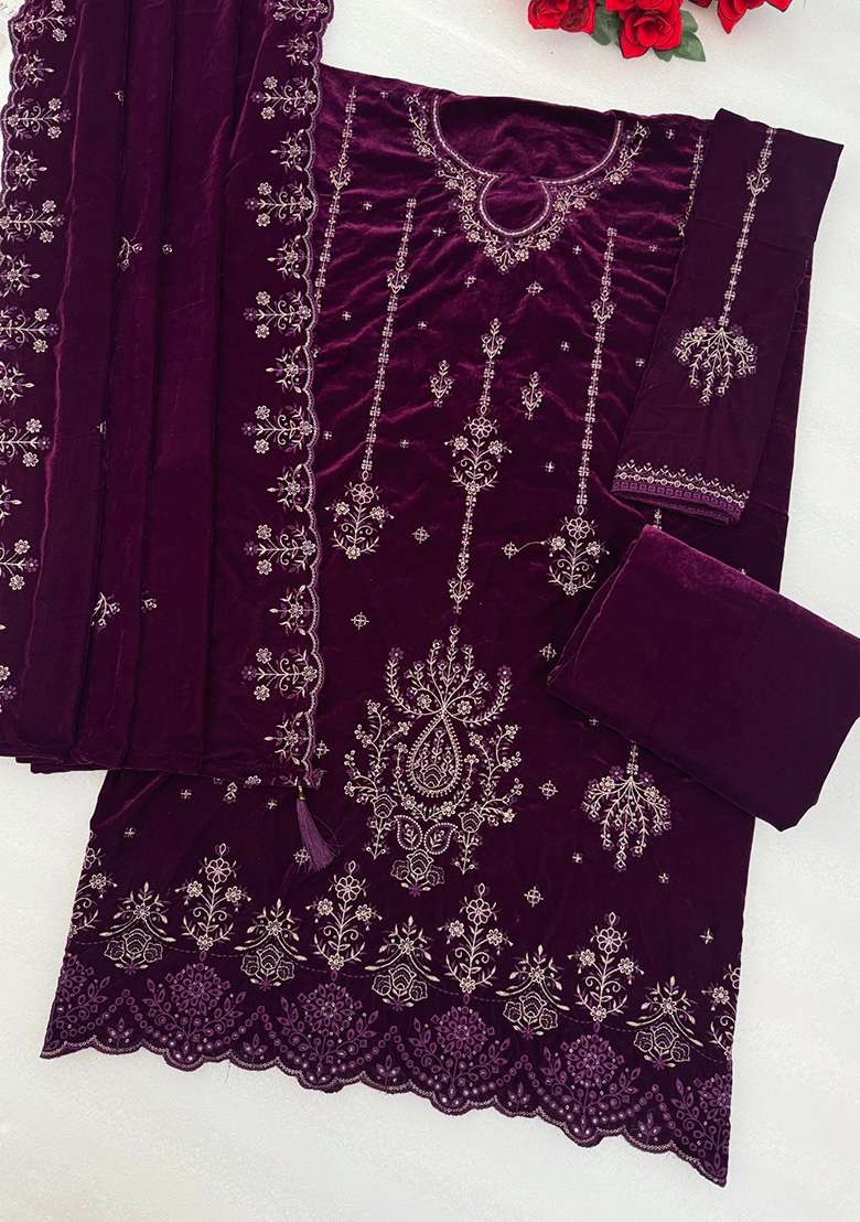 Purple Embroidered Velvet Pakistani Suit Set - Indya