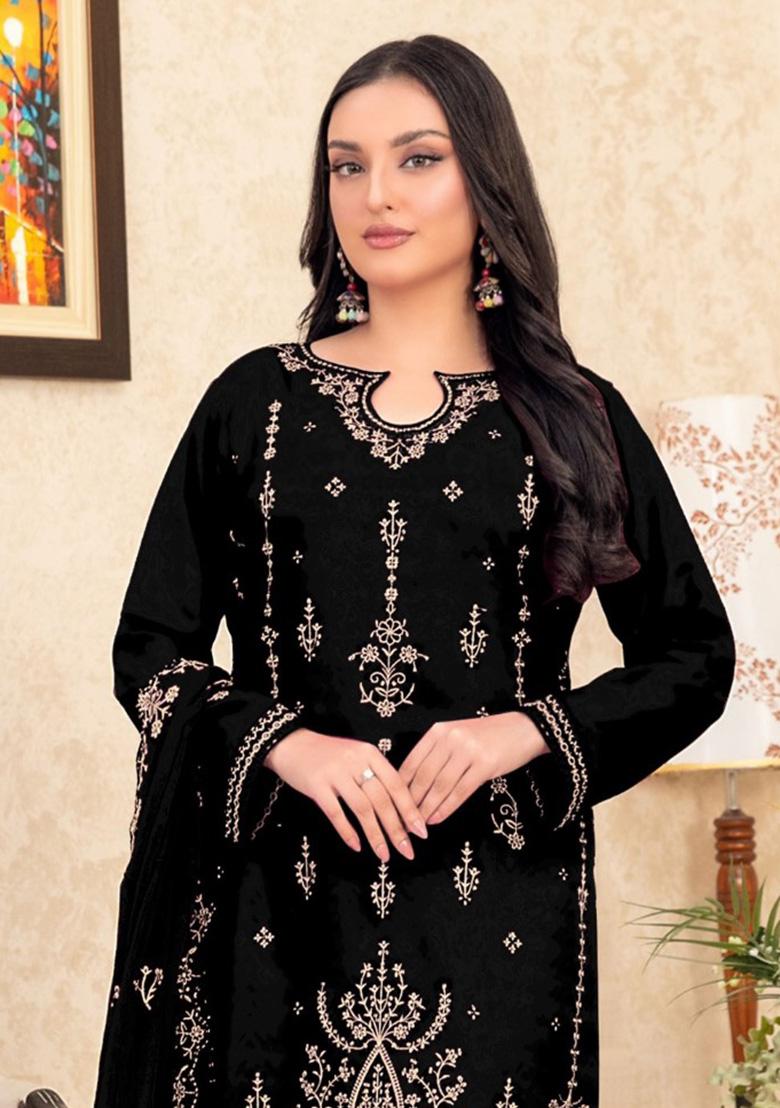 Black Embroidery Velvet Pakistani Salwar Kameez - Indya