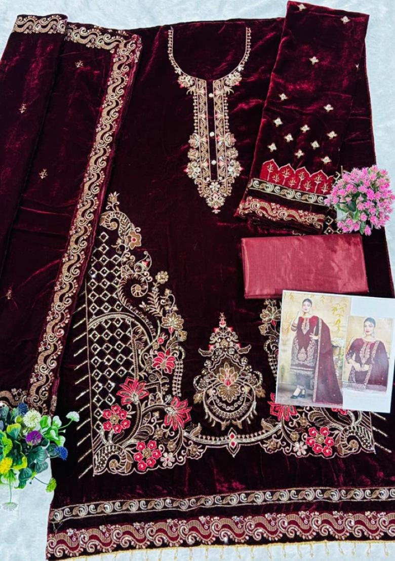Red Embroidery Velvet Pakistani Salwar Kameez - Indya