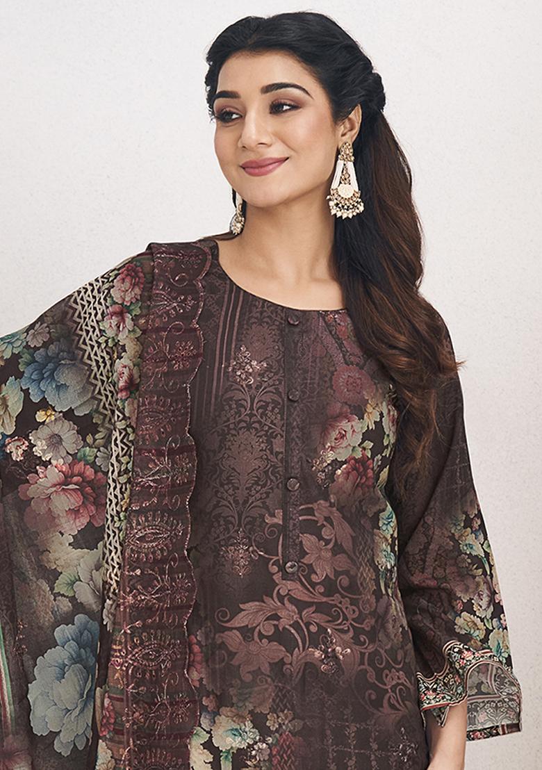 Brown Digital Printed Cotton Salwar Kameez - Indya