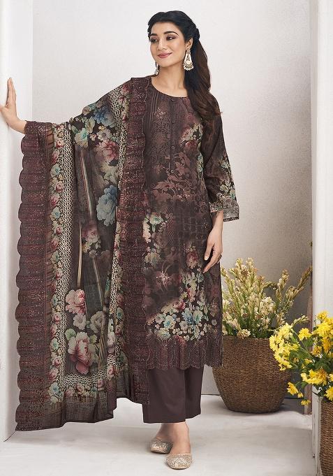Brown Digital Printed Cotton Salwar Kameez